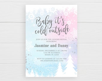 Winter Gender Reveal Einladung Baby kalt draußen bearbeitbare Vorlage Weihnachten Schneeflocke Drive-By Babyparty druckbar er oder sie?