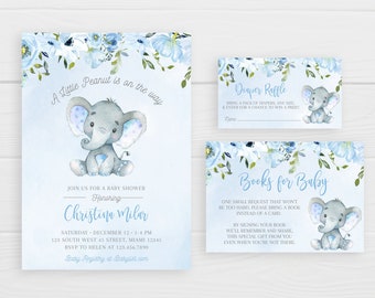 Little Peanut Baby Shower Invitation Set Elephant Invite Template Blue Boy Instant Download Editable Invitations Safari Printable Jungle