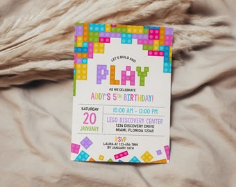 Pink Brick Invitation Building Blocks Birthday Invite Stacked Blocks Invites Building Bricks Party Block Party Construction Blocks Party