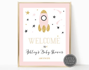 Space Baby Shower Welcome Sign, Girl Space Welcome Sign, Pink Rocket Welcome Sign, Girly Baby Shower Poster, Pink Outer Space Shower Sign