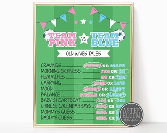 Soccer Gender Reveal Game Sign Old Wives Tale Poster Team Boy Team Girl Game Party Sign He or She Boy or Girl Soccer Party Theme Printable