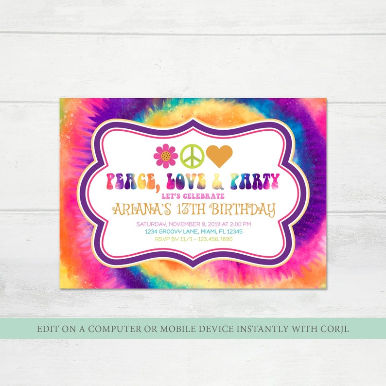 Tie Dye Birthday Party Invitation, Groovy Invitation Template, Hippie Birthday Party, Peace Love & Party Invite, Tween Rainbow Invitation image 1