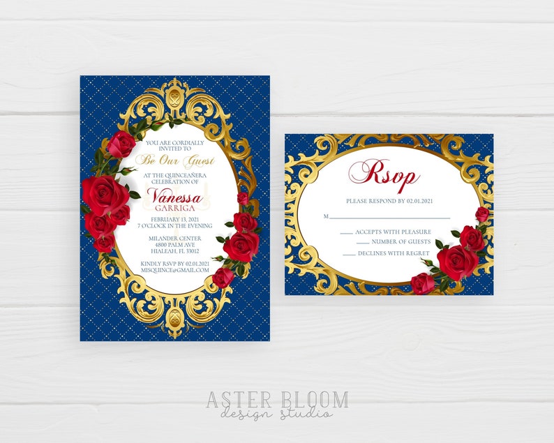May include: A blue and gold invitation with a red rose design. The invitation reads "You are cordially invited to Be Our Guest at the Quincea&ntilde;era Celebration of Vanessa Garriga February 11, 2021 7 o'clock in the evening Melander Center 4000 Palm Ave Hialeah FL 33062 Kindly RSVP by 02/01/2021 misquence@gmail.com". The RSVP card reads "Rsop Please respond by 02/01/2021 Accepts with pleasure Number of guests Declines with regret".