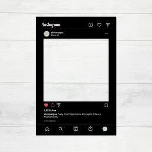 May include: Black Instagram frame with a white background. The frame has a profile picture, a heart, a comment bubble, a paper airplane, three dots, a bookmark, a home icon, a magnifying glass, a play button, a shopping bag, and a person icon. The text in the frame reads "abndesigns Party time!! #partytime #livinglife #cheers #hiphiphooray 2,023 Likes 6 MINUTES AGO".