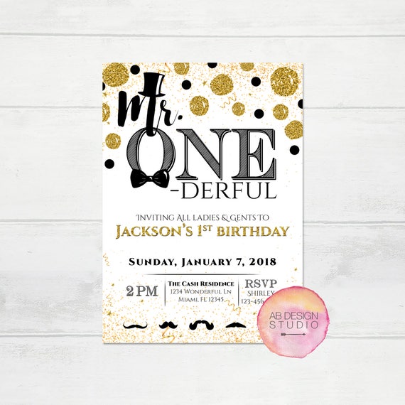 Mr. ONE-derful Birthday Invitation, Mr. Onederful Party Invite, Digital Mr. Wonderful 1st Birthday Invite, Little Man Invitation Il_570xn