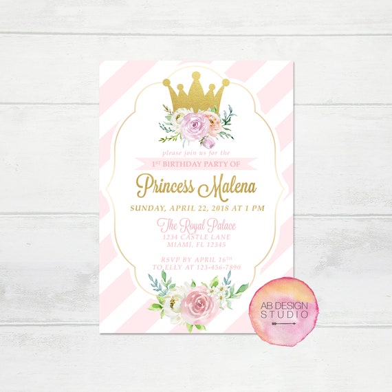 Princess Party Invitation Pink and Gold Floral Birthday Invite