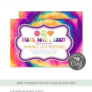 Tie Dye Birthday Party Invitation, Groovy Invitation Template, Hippie Birthday Party, Peace Love & Party Invite, Tween Rainbow Invitation image 5