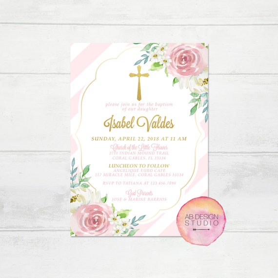 Baptism Invitation - Pink and Gold Floral Baptism Invite - Gold Cross Christening Invitation - Floral Digital Invitation - First Communion Il_570xn