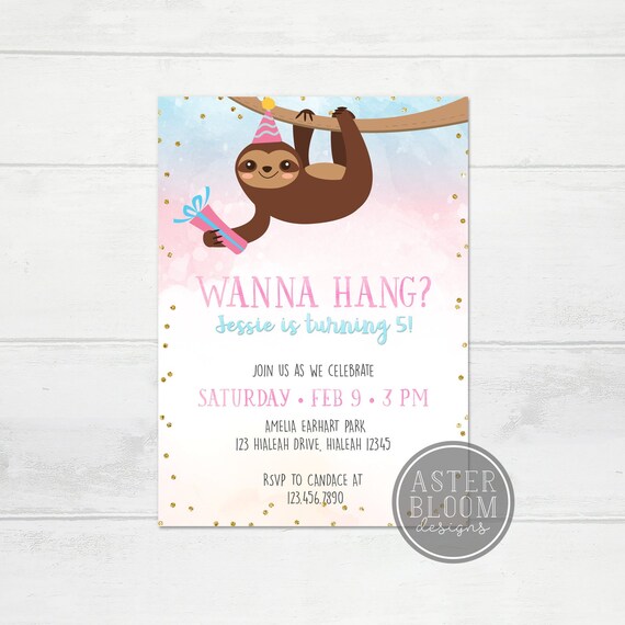 Sloth Invitation, Let's Hang Sloth Party Invite, Cute Sloth Birthday