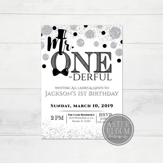 Mr. ONEderful Silver Birthday Invitation, Mr. One-derful Party Invite, Digital Mr. Wonderful 1st Birthday Invite, Little Man Invitation Il_570xn