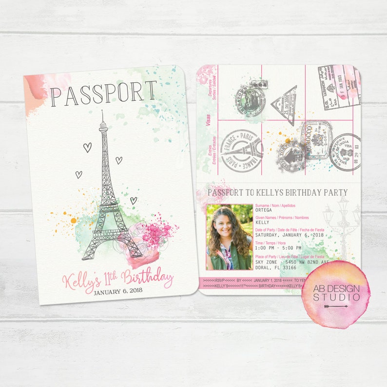 Paris Birthday Party Invite Passport Invitation Parisian Theme Paris Bridal Shower Card French Inspired Invitations Travel Sweet 16 Invites image 1