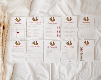 Puede incluir: Un conjunto de juegos de despedida de soltera imprimibles con temática de herradura. Los juegos incluyen "Bridal Bingo", "What's on your phone?", "He said, She said", "Would she rather", "Scattergories", "Word Scramble", "Advice & Wishes", "The Price is Right", "Bridal Mad Libs" y "Emoji Pictionary".