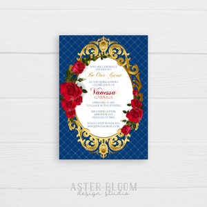 May include: A blue and gold Quincea&ntilde;era invitation with a gold ornate frame and red roses. The text reads "You are cordially invited to Be Our Guest at the Quincea&ntilde;era Celebration of Vanessa Garriga February 11, 2021 7 o'clock in the evening Milander Center 4800 Palm Ave Hialeah FL 33002 Kindly RSVP by 02/01/2021 miskincl@gmail.com"