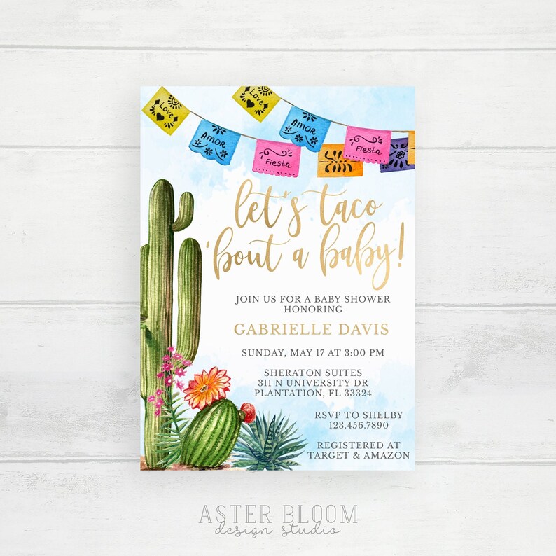 Taco 'bout a Baby Shower Invitation Boho Cactus Baby Shower Mexican Fiesta Baby Shower Invite Succulent Papel Picado Birthday Party image 1