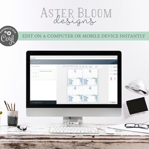 May include: A computer screen displaying a web page with a design editor. The page shows a preview of a set of printable cards with a blue and white floral pattern. The text "Little Penguin Text Cards" is visible on the screen. The text "ASTER BLOOM designs" is visible at the top of the screen.