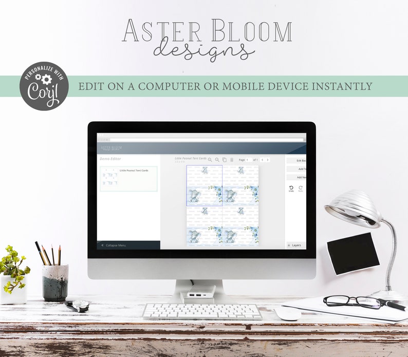 May include: A computer screen displaying a web page with a design editor. The page shows a preview of a set of printable cards with a blue and white floral pattern. The text "Little Penguin Text Cards" is visible on the screen. The text "ASTER BLOOM designs" is visible at the top of the screen.