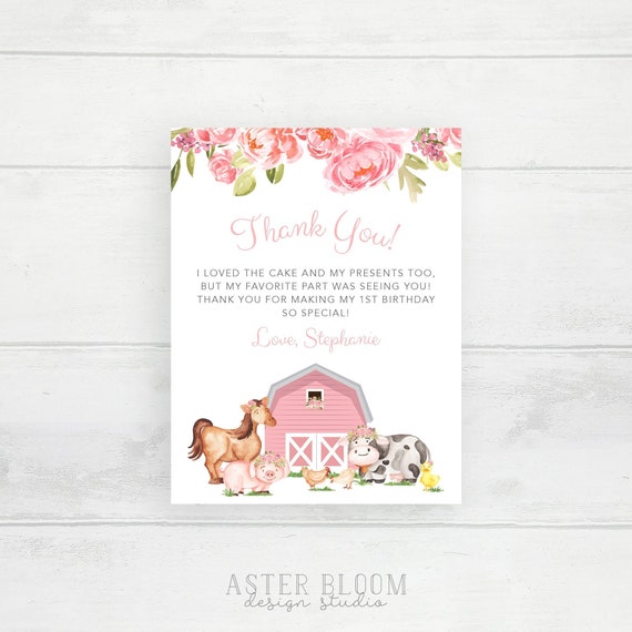 Pink Farm Thank You Card, Barn Animals Thank You Card Template, Farm Editable Greeting Card, Pink Barn Animal Printable Thank You A2 Card Il_570xn