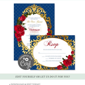 May include: A blue and gold printable Quincea&ntilde;era invitation with a gold ornate frame and red roses. The invitation reads "You are cordially invited to Be Our Guest at the Quincea&ntilde;era Celebration of Vanessa Garriga February 13, 2021".