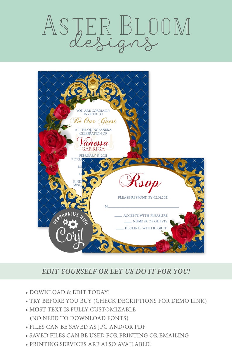 May include: A blue and gold printable Quincea&ntilde;era invitation with a gold ornate frame and red roses. The invitation reads "You are cordially invited to Be Our Guest at the Quincea&ntilde;era Celebration of Vanessa Garriga February 13, 2021".
