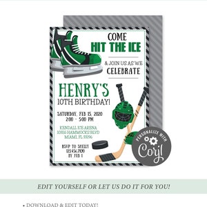 Puede incluir: Una invitaci&oacute;n imprimible para una fiesta de cumplea&ntilde;os n&uacute;mero 10 con tem&aacute;tica de hockey. La invitaci&oacute;n presenta un pat&iacute;n de hockey verde y negro, un palo de hockey, un disco de hockey y una m&aacute;scara de portero de hockey. El texto de la invitaci&oacute;n dice: "&iexcl;Ven a golpear el hielo y &uacute;nase a nosotros para celebrar el cumplea&ntilde;os n&uacute;mero 10 de Henry!" La invitaci&oacute;n tambi&eacute;n incluye la fecha, la hora y la ubicaci&oacute;n de la fiesta. El texto "Personalizar con Coril" tambi&eacute;n est&aacute; incluido en la invitaci&oacute;n.
