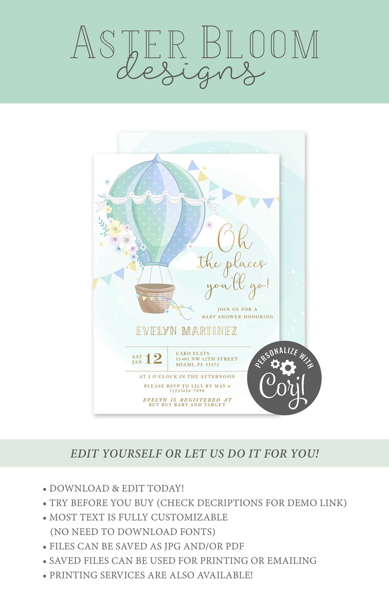 Hot Air Balloon Baby Shower Invitation Oh the Places Etsy