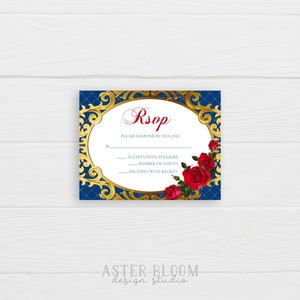 May include: A blue and gold RSVP card with a red rose design. The text on the card reads "Rsop" and "Please respond by 02.01.2021". The card has options for accepting or declining the invitation with space to write the number of guests.