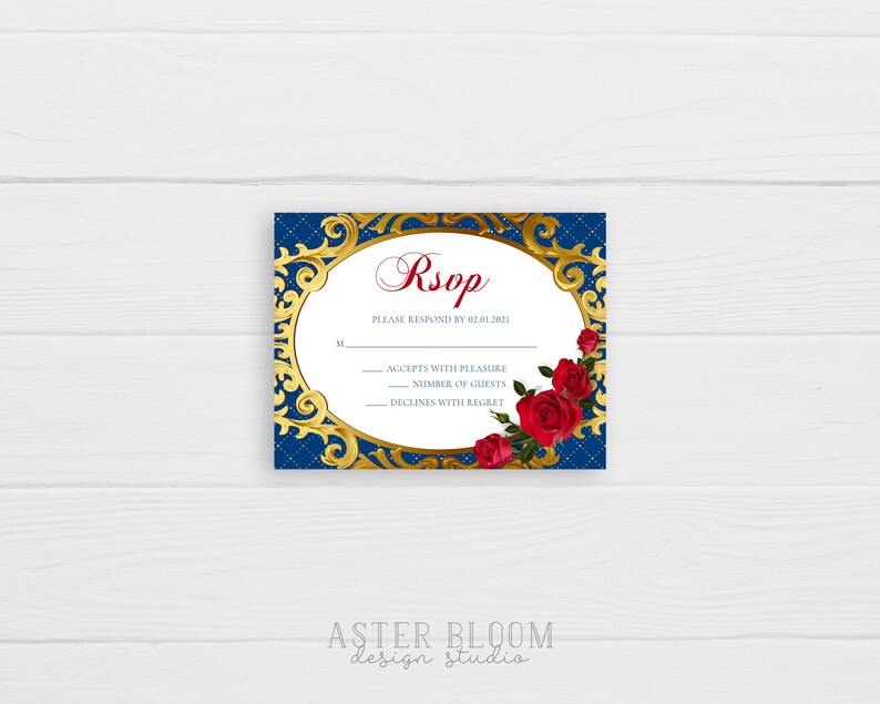 May include: A blue and gold RSVP card with a red rose design. The text on the card reads "Rsop" and "Please respond by 02.01.2021". The card has options for accepting or declining the invitation with space to write the number of guests.