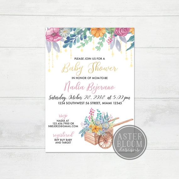 Garden Baby Shower Invitation Flower Cart Invitation Virtual Baby Shower Flower Cart Flower Watercolor Baby Shower Invite Spring Baby Shower Il_570xn