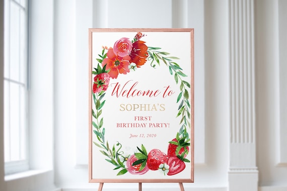 Strawberry Welcome Sign Fruit Floral Welcome Poster Strawberry Shortcake Birthday Welcome Sign Printable Berry Sweet Baby Shower Posters Il_570xn