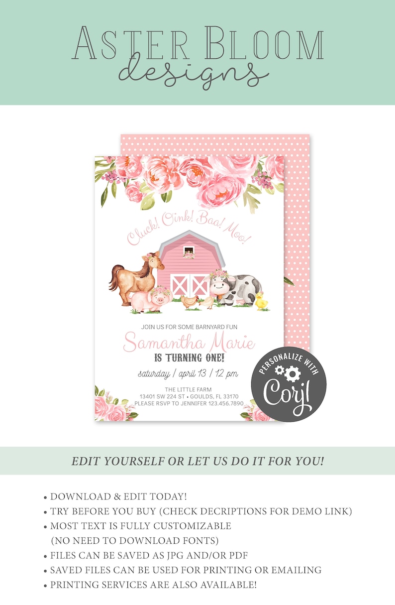 Farm Birthday Invitation Pink Barn Girl Party Invite Barnyard Party ...