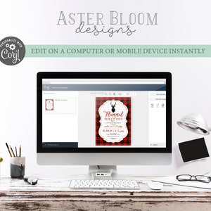 K&ouml;nnte beinhalten: Ein Computerbildschirm zeigt einen Hochzeitskartenentwurf mit dem Text "Flannel Fur & Fizz". Die Einladung hat ein rot-schwarzes Karomuster und eine Hirschsilhouette. Der Text "Edit on a computer or mobile device instantly" ist ebenfalls sichtbar.