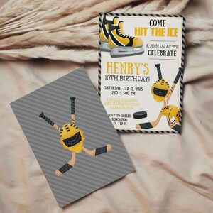 Hockey Party nodigt schaatsen verjaardagsuitnodiging geel goud Hockey Skates bewerkbare Corjl uitnodigen Hockey Puck uitnodiging Instant Download