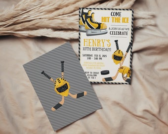 Hockey-Party-Einladungen, Eislauf-Geburtstagseinladung, Gelbgold, Hockey-Schlittschuhe, editierbare Corjl-Einladung, Hockey-Puck-Einladung, sofortiger Download