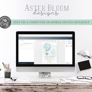 May include: A computer screen displaying a website with a blue and white hot air balloon baby shower invitation design. The text on the invitation reads "Oh the places you'll go!" and "Evelyn Martinez".
