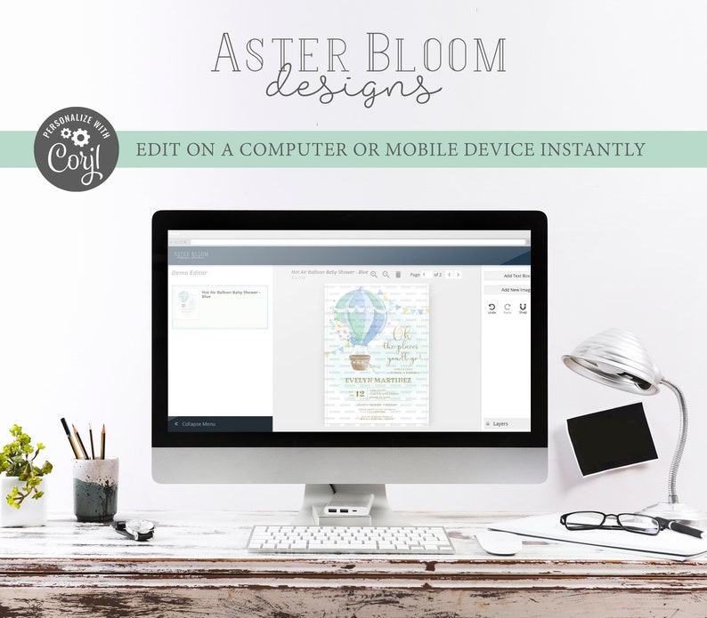 May include: A computer screen displaying a website with a blue and white hot air balloon baby shower invitation design. The text on the invitation reads "Oh the places you'll go!" and "Evelyn Martinez".