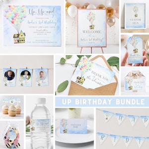 Paquete de invitaciones de cumpleaños de UP, plantilla de kit para fiesta de películas de UP, conjunto de paquete temático de UP, letrero de bienvenida editable para fiesta de primer cumpleaños, etiqueta de recuerdo para baby shower