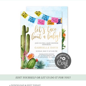 Taco 'bout a Baby Shower Invitation Boho Cactus Baby Shower Mexican Fiesta Baby Shower Invite Succulent Papel Picado Birthday Party image 3