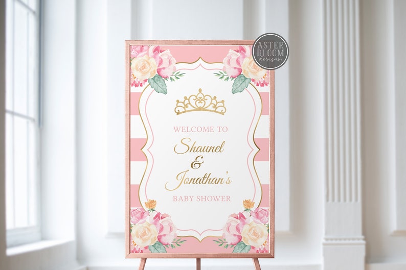 Princess Welcome Sign, Pink Floral Welcome Sign, Baby Shower Entrance Poster, Princess Baby Shower, Pink Flowers with Stripes Poster image 1