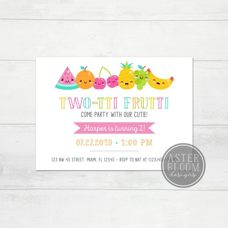 Two-tti Frutti Invitation, Cute Fruit Party Invite, Kawaii fruit invitation, Fruity Birthday Party, Colorful Fruits Invitation, Summer Party image 1