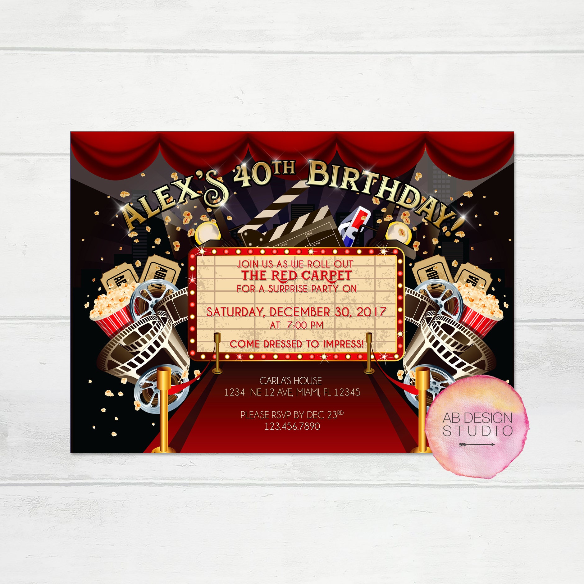 Red Carpet Hollywood Invitation Movie Themed Party Digital Or Etsy