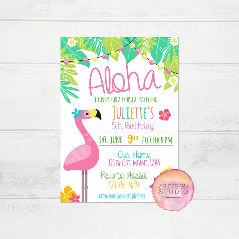 Aloha Tropical Invitation Flamingo Birthday Invitation Tropical String Lights Invitation Hawaiian Luau Invite Pool Party Invitation image 1