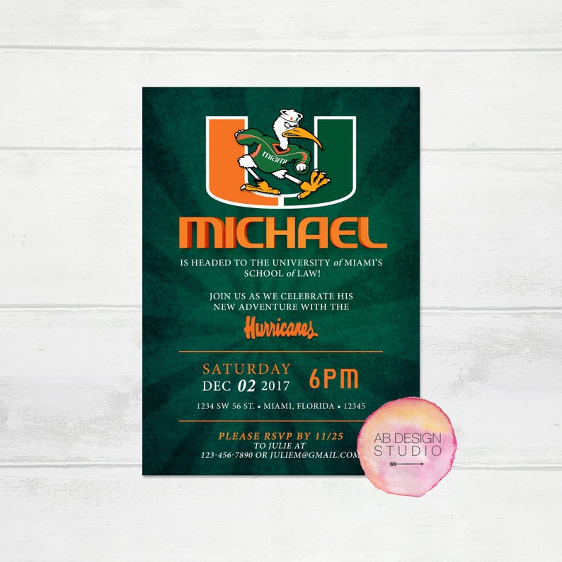 Miami Hurricanes Party Invitation, University of Miami Acceptance Invite, UM Canes Graduation Announcement, 2023 UM Grad Announcement Card image 1