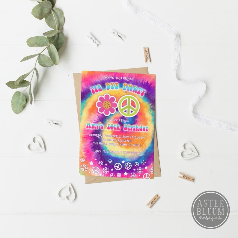 Hippie Birthday Invitation, Tie Dye Party Invitations, Hippie Tie-Dye Birthday Invite, Flower Power Invitation, Tie Dye Birthday Party,Hippy image 3