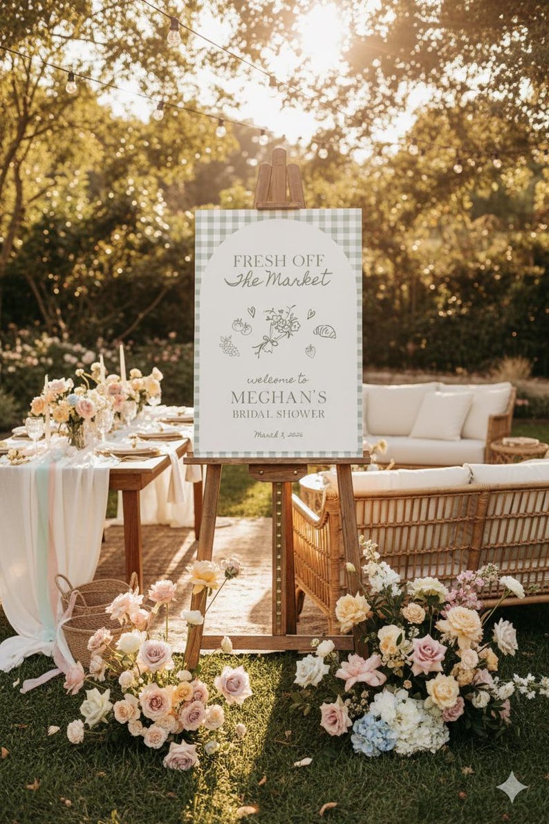 May include: A bridal shower setup outdoors, featuring a sign on an easel with the text "Fresh Off The Market" and "Welcome to Meghan's Bridal Shower". The scene includes floral arrangements, a wicker sofa, and soft lighting, creating a warm atmosphere.