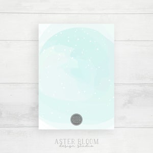 May include: A light blue watercolor background with white speckles. The text "ASTER BLOOM design studio" is at the bottom of the image.
