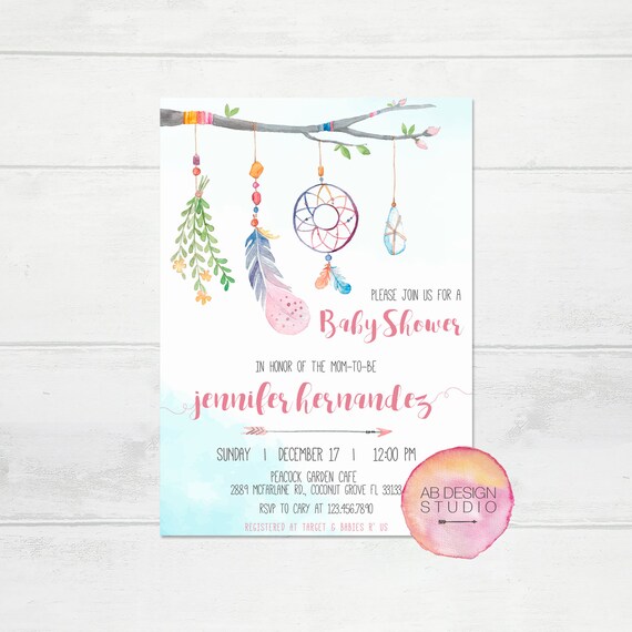Boho Virtual Baby Shower Invitation Girl Dreamcatcher Invitation Bohemian Baby Shower Rustic Girl Baby Shower Printable Invite Feather By Aster Bloom Designs Catch My Party