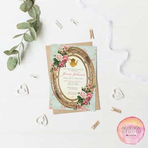 May include: A vintage-style tea party invitation with a gold frame and floral accents. The invitation reads "Join us for a tea party honoring the bride-to-be, Jamie Johnson, Sunday, May 13, 2018 at Noon, The Enchanted Oak Room, 7212  St 37 Ave, Moose, FL 33143, RSVP by May 7th, 123-456-7890, Arranged by Bloomingdale's."