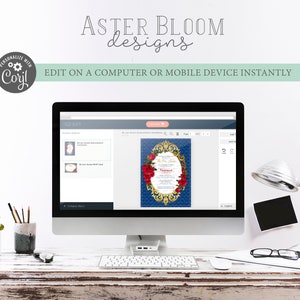 May include: A computer screen displaying a website with a design editor. The editor shows a blue and gold invitation with red roses and the text "Be Our Guest Cinderella Invitation".
