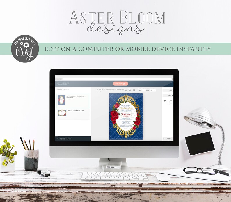 May include: A computer screen displaying a website with a design editor. The editor shows a blue and gold invitation with red roses and the text "Be Our Guest Cinderella Invitation".