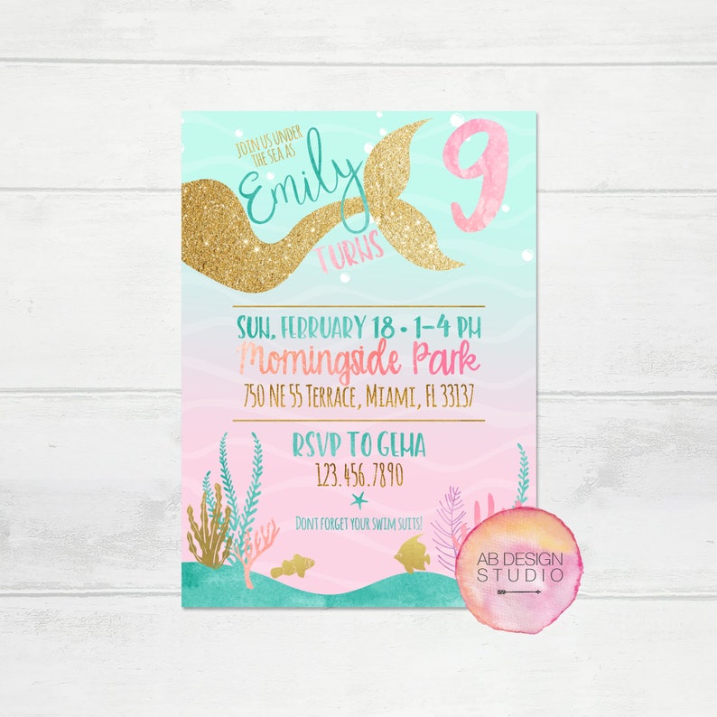 Mermaid Birthday Invitation, Mermaid Invite, Little Mermaid Party, Under the Sea Theme, Glitter Mermaid Party Printable Invitation, Ariel image 1